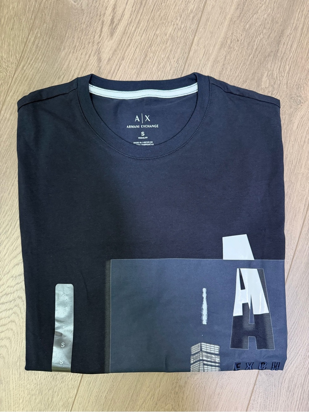 Armani Exchange Black Short Sleeve Graphic Tee with Gray Accents, Cotton